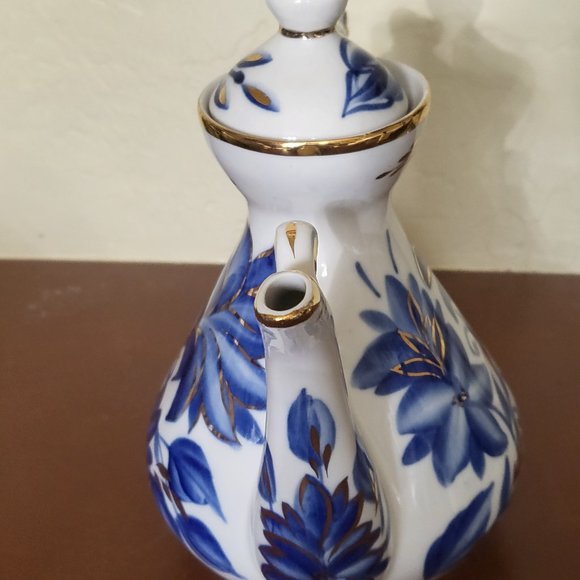 Russian Fenix Teapot Coffee Pot Handmade Porcelain Blue White Gold Kislovodsk - Picture 5 of 9